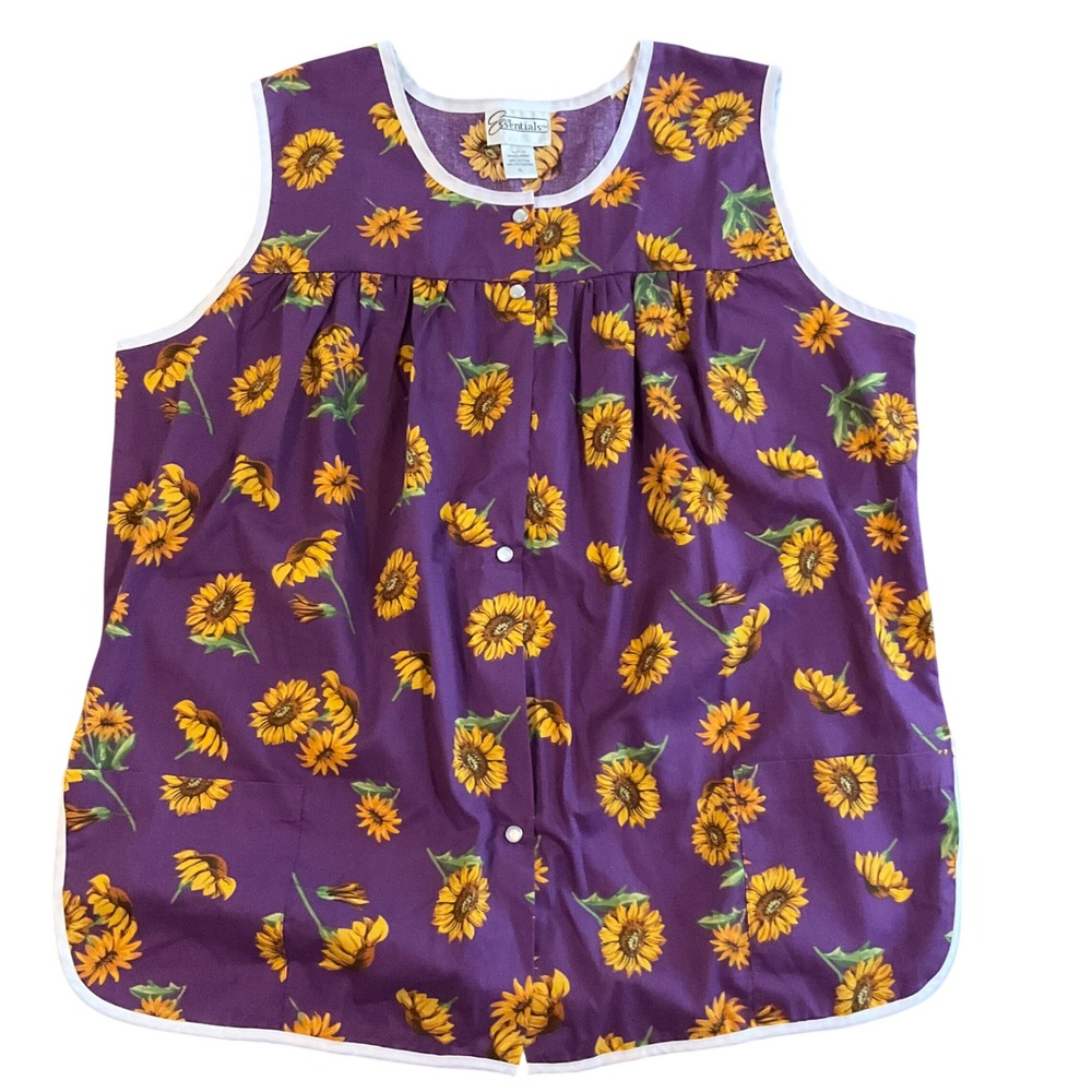 Easy Essentials Sunflower Cobbler Apron Wms XL Purple Floral Snap Front Vintage